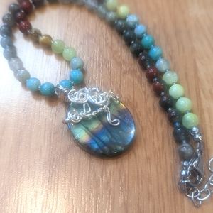 FINAL PRICE Silver Wrapped Labradorite Pendant Agate Bloodstone Calcite Necklace